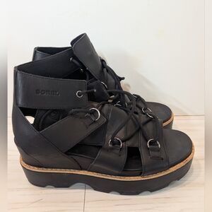 Sorel Women's Black Leather Wedge Sandals